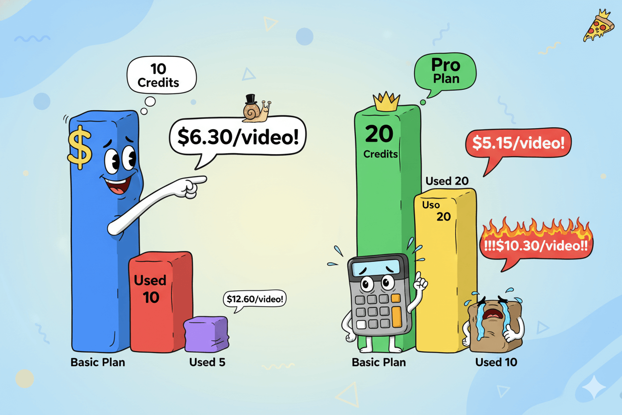 Cartoon bar chart demonstrating how cost per video changes with basic and pro plan credit usage.