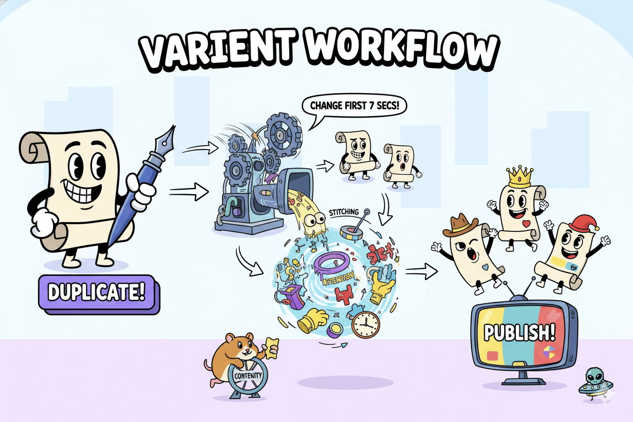 A fun, cartoon variant workflow chart shows one script becoming multiple videos with B-roll, illustrating rapid iteration.