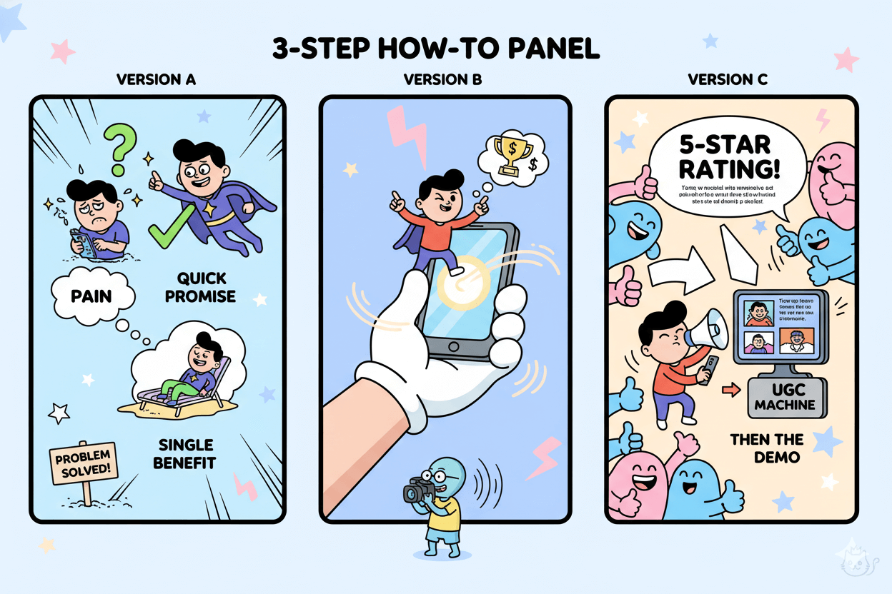 A 3-step how-to panel visually explains script patterns for landing hooks, showing different approaches to content creation.