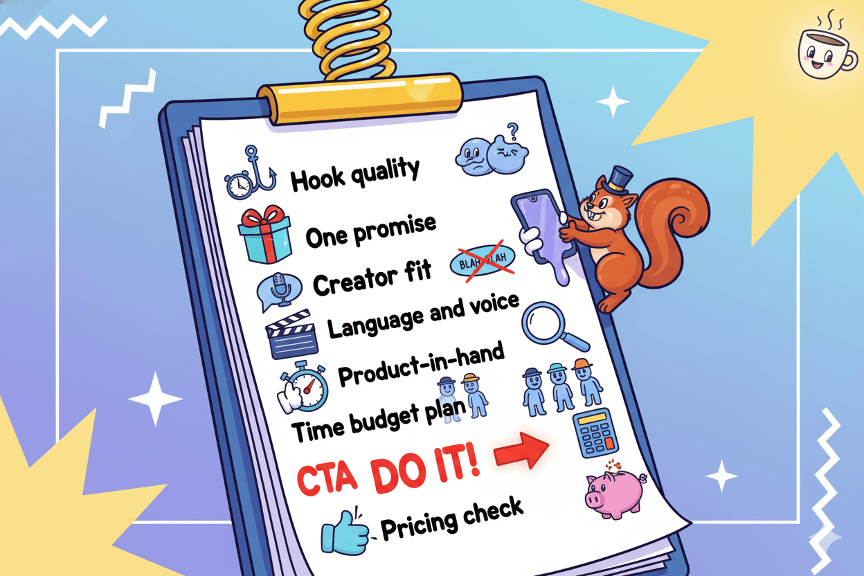 A fun checklist with ten items like hook quality, language and voice, and CTA clarity for a QA process.