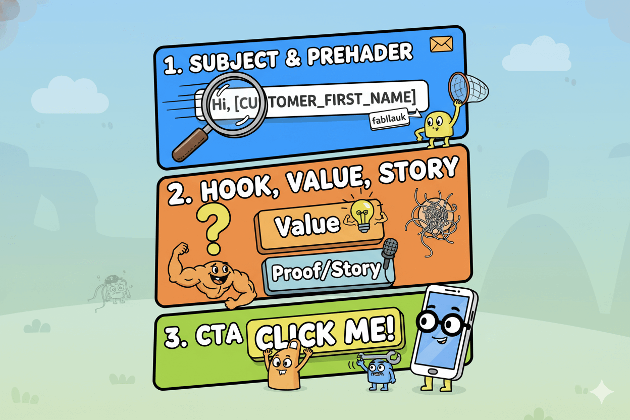 A playful 3-step process flow cartoon shows "Subject & Preheader," "Hook, Value, Story," and "CTA" within a TinyEmail editor.