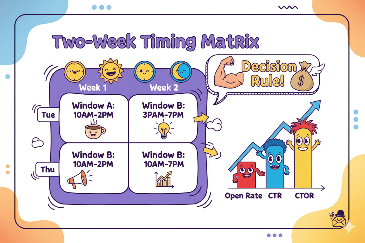 A humorous cartoon of a two-week timing matrix shows an A/B test schedule for email sends, detailing optimal windows and metrics for audience engagement.