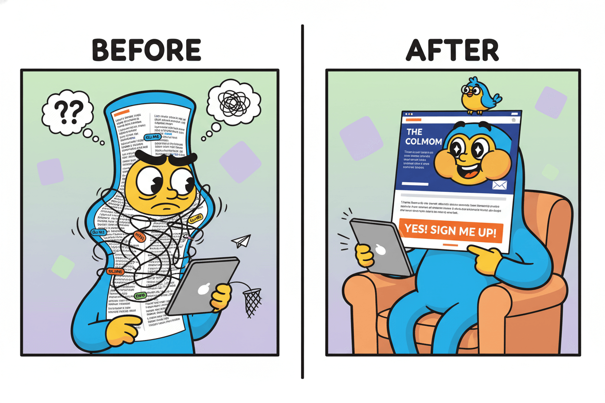 
Model
A cartoon split comparison shows a confused person interacting with a "before" chaotic email layout versus a happy person with a clear "after" layout.