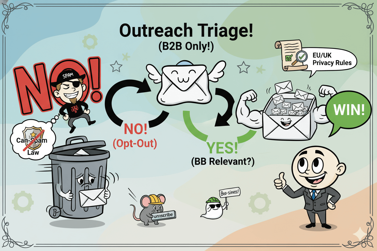 A humorous triage flow diagram shows how to ethically send B2B outreach emails, respecting consent and privacy regulations.