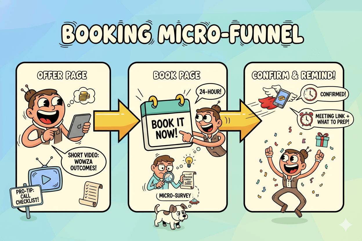 Cartoon flowchart shows three steps: offer page, book page, and confirmation/reminders, illustrating a booking micro-funnel to boost show-rates