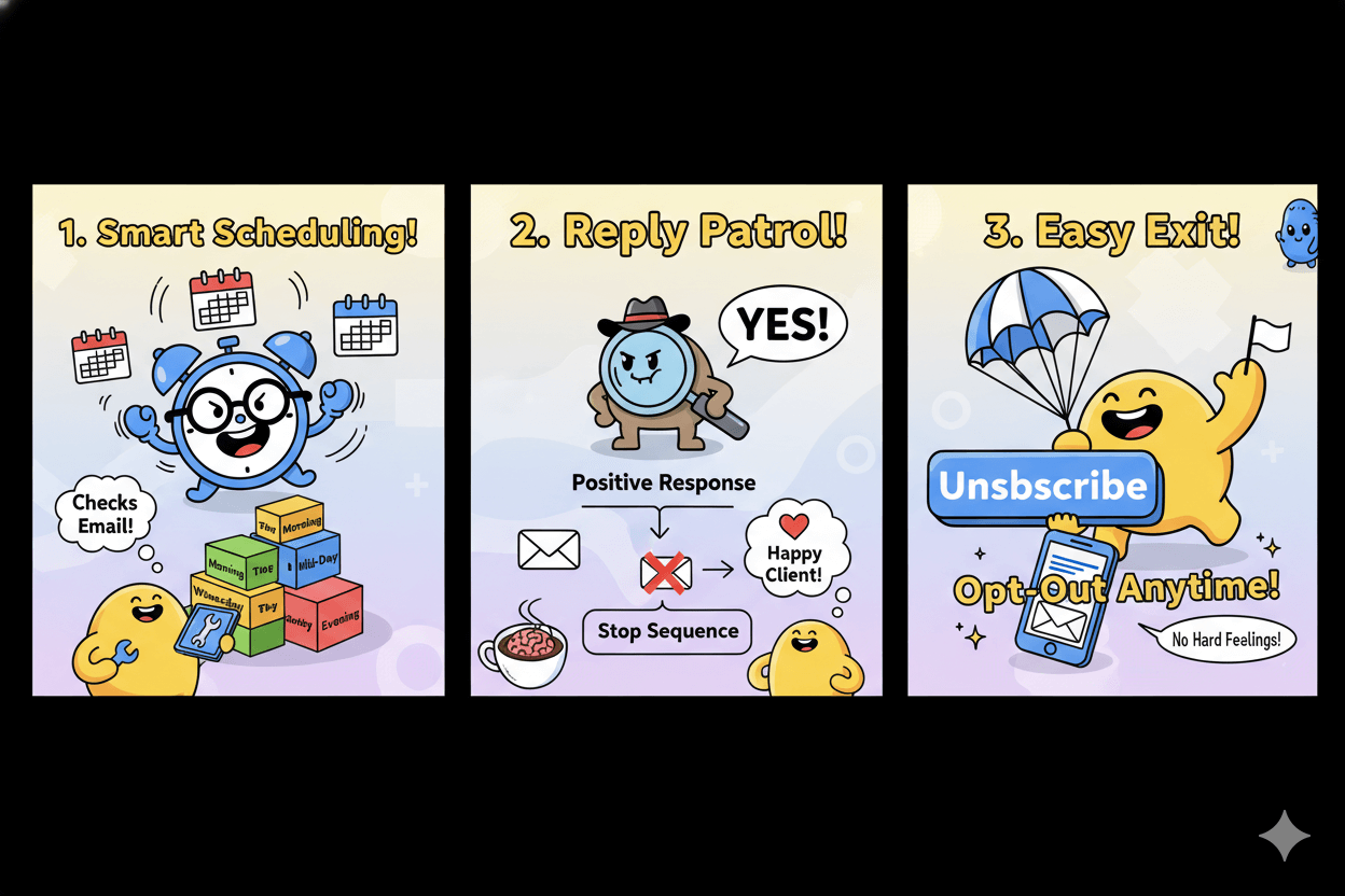 Three cartoon panels illustrate setting smart schedules, monitoring replies to stop sequences, and providing an easy opt-out for email campaigns.