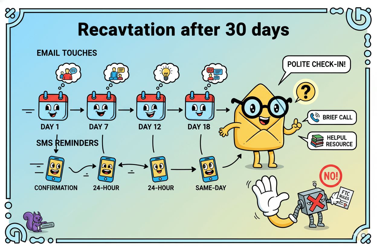 Playful horizontal timeline showing email touches and SMS reminders for client reactivation after 30 days, including a polite check-in