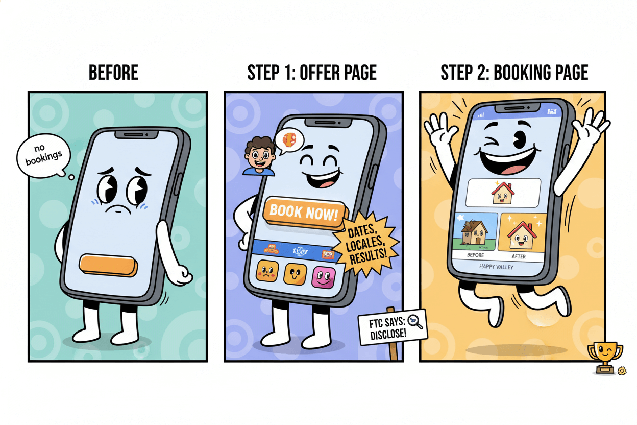 Three mobile screens showing before and after comparisons of proof placement on offer and booking pages to get more bookings