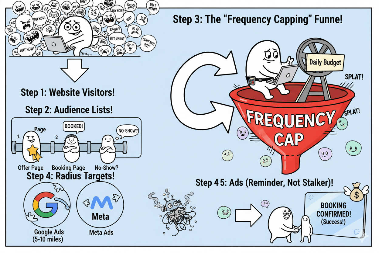 A playful process flowchart illustrates audience flow, frequency capping, and radius targeting to manage ad exposure and simplify budgets.