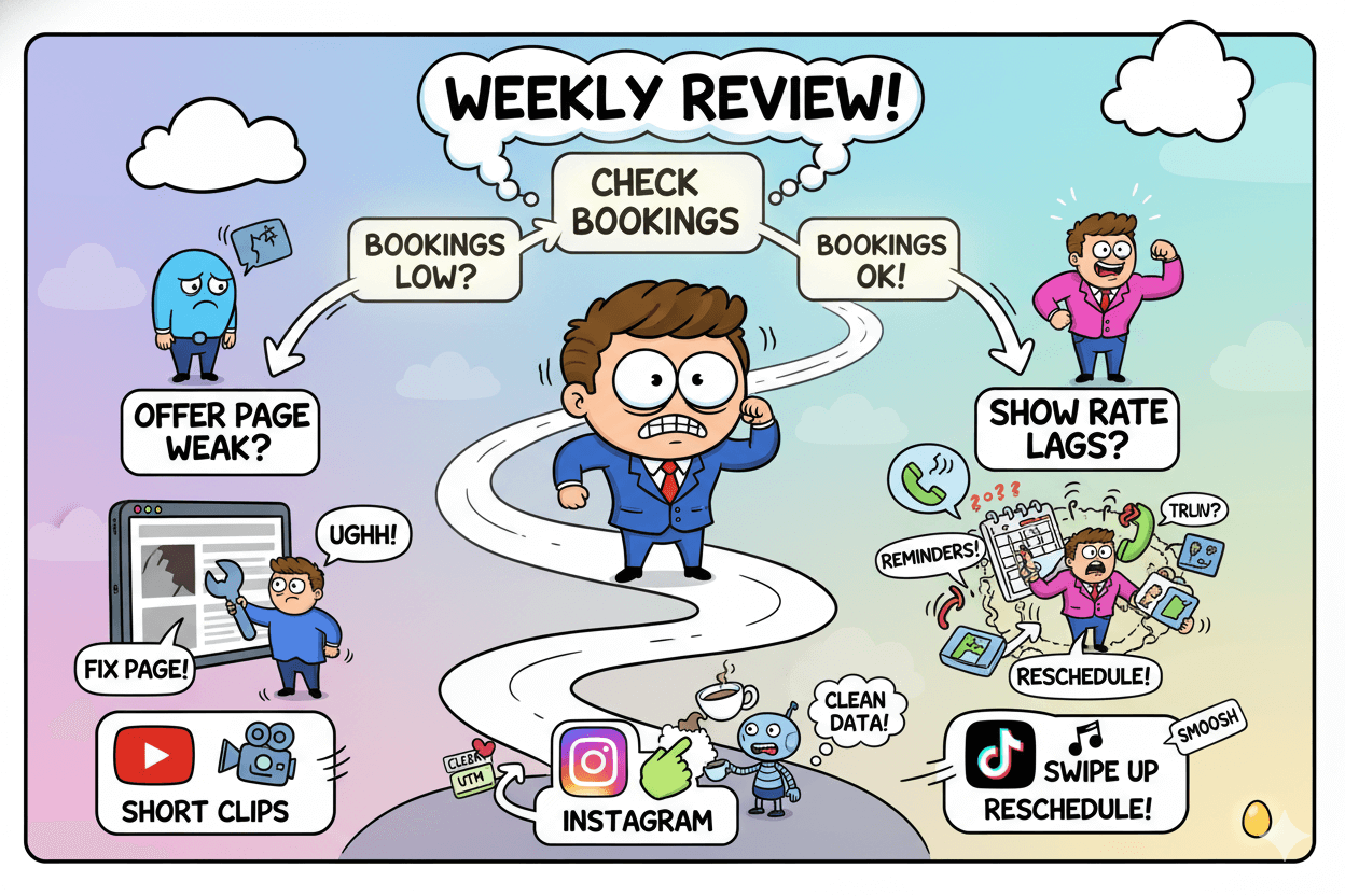 A humorous flowchart shows a cartoon person navigating a weekly review to fix business bottlenecks like low bookings or show rates