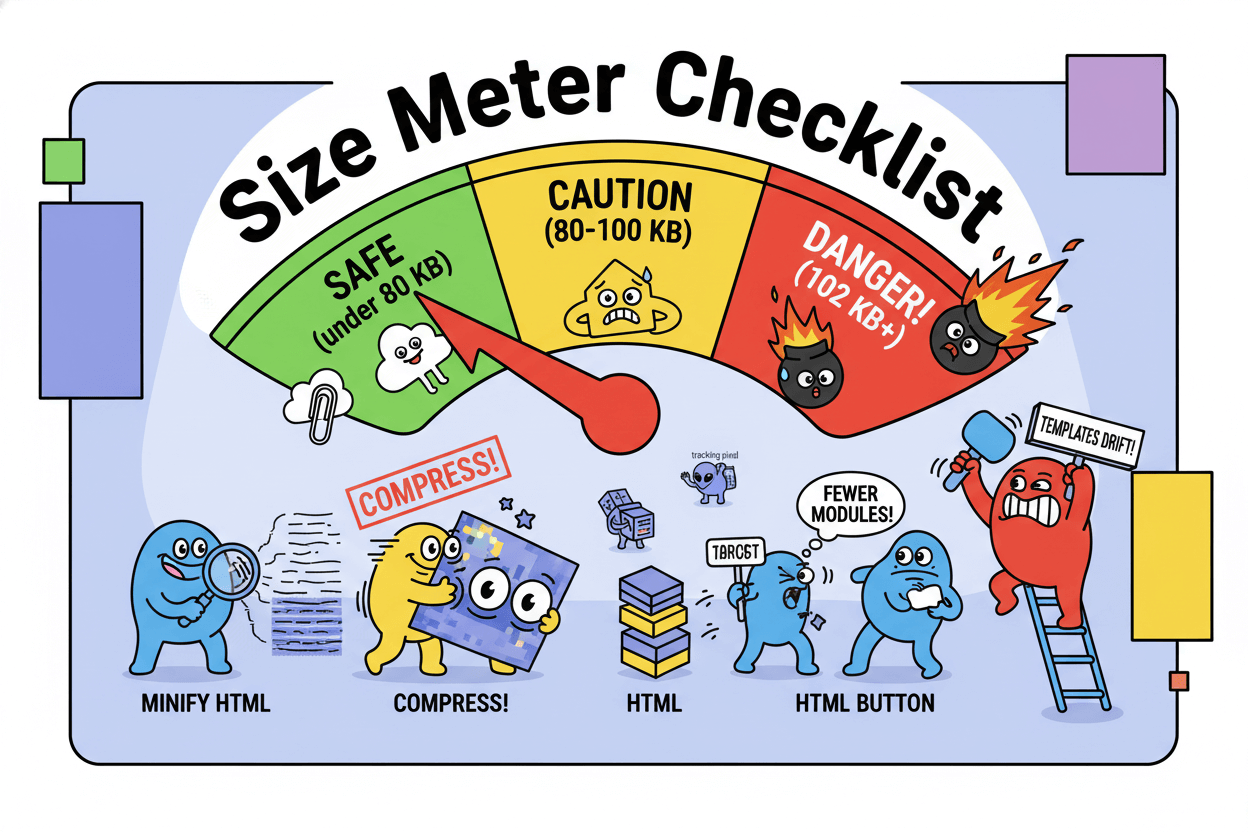 A cartoon-style size meter checklist shows email elements being optimized to stay under 100 KB, with safe, caution, and danger zones.
