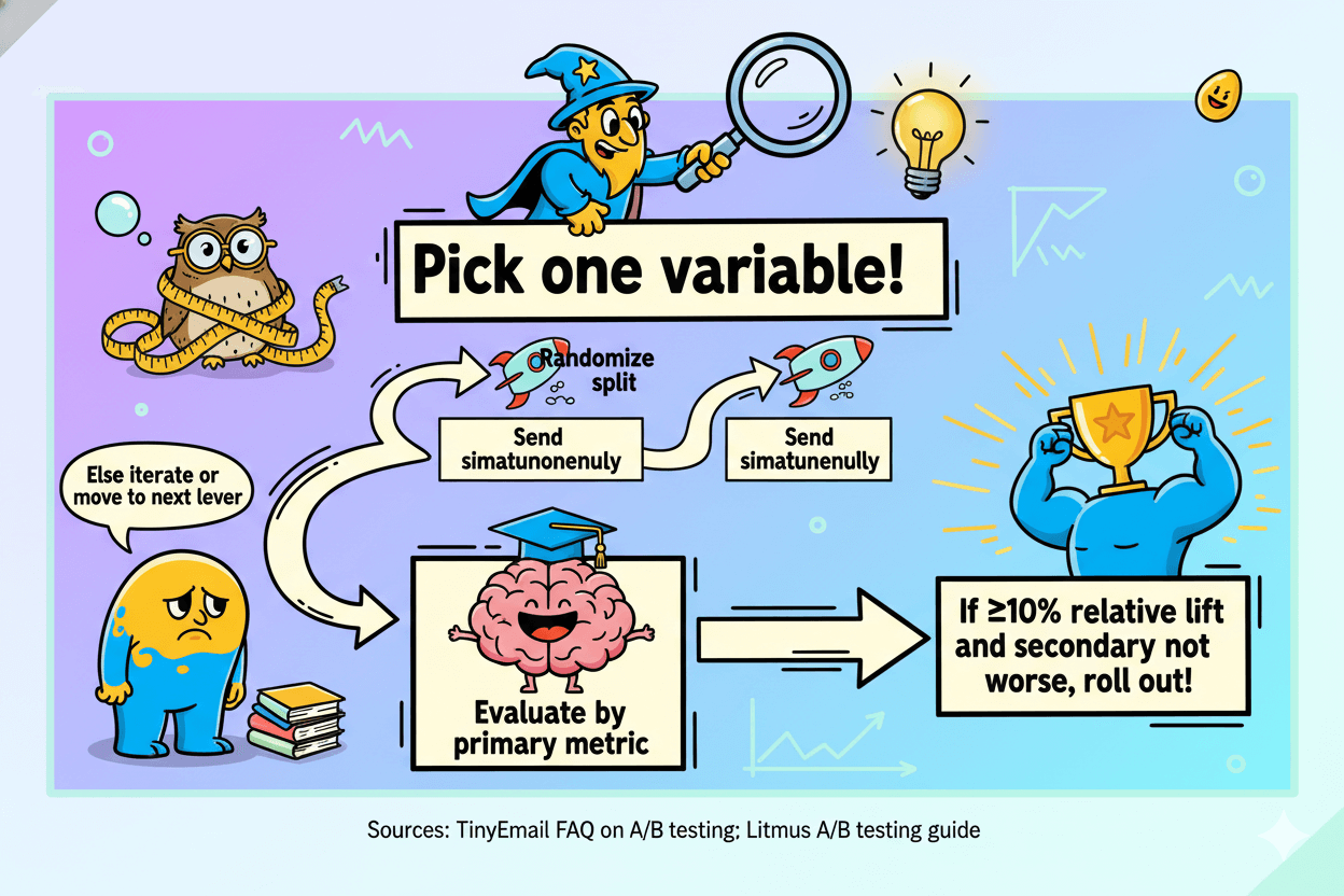 A humorous A/B decision tree flowchart illustrates steps for testing email variables and deciding whether to roll out changes.