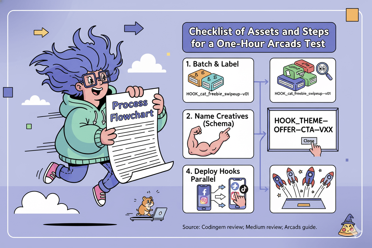 A whimsical flowchart titled "Checklist of Assets and Steps for a One-Hour Arcads Test" illustrates the batching and labeling process for creatives.