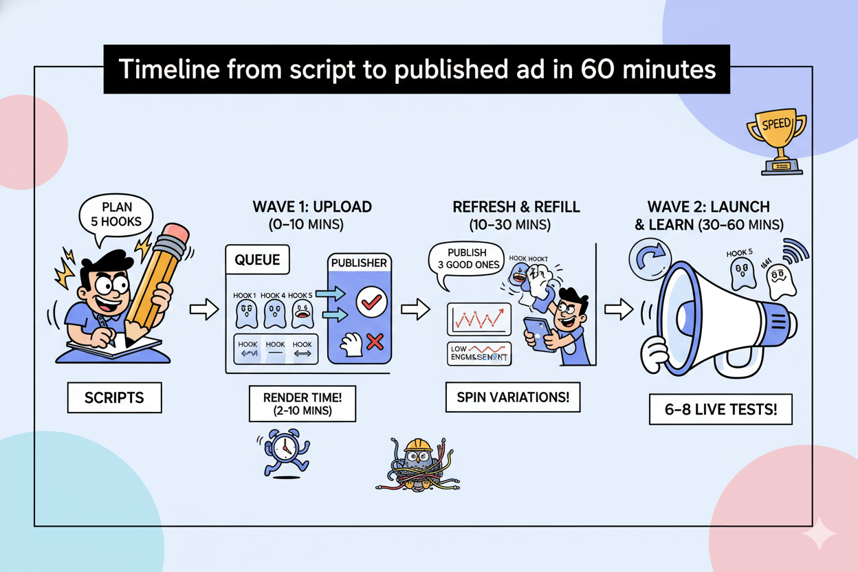A playful flowchart illustrates a 60-minute process for ad creation, from scripting hooks to launching live tests.