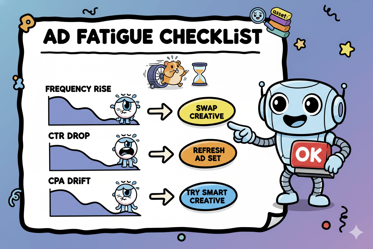 A cartoon "ad fatigue checklist" shows three charts depicting performance drops, with a robot figure suggesting actions to refresh creative.