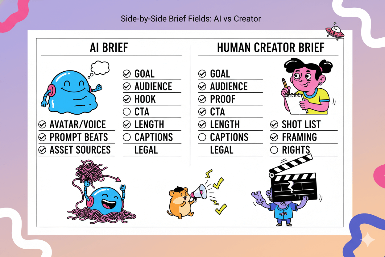 A two-column brief comparison shows shared fields and those unique to AI briefs (avatar, prompt beats, asset sources) versus human creator briefs (shot list, framing, rights).