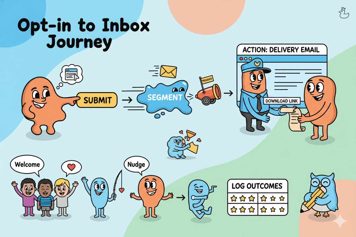 A playful flowchart shows a blob-like character submitting a form, triggering a segment, sending a delivery email, and logging outcomes, illustrating the opt-in to inbox journey