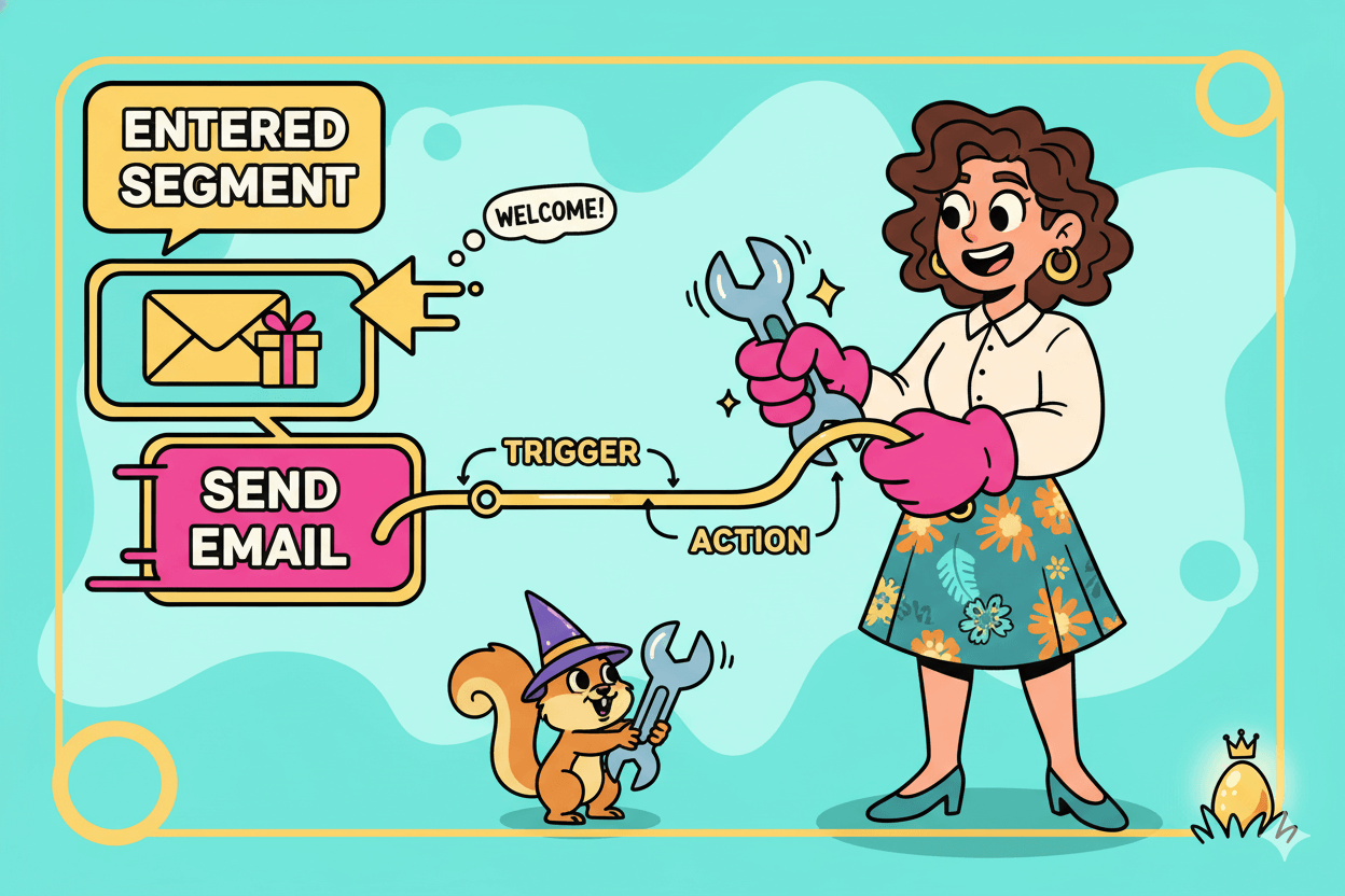 Cartoon woman sets up an email trigger and action, connecting a segment entry to sending a welcome email with a download.