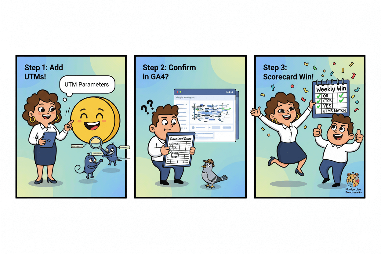 A three-panel cartoon showing steps to spot-check UTM parameters and track results on a scorecard, illustrating a pro tip