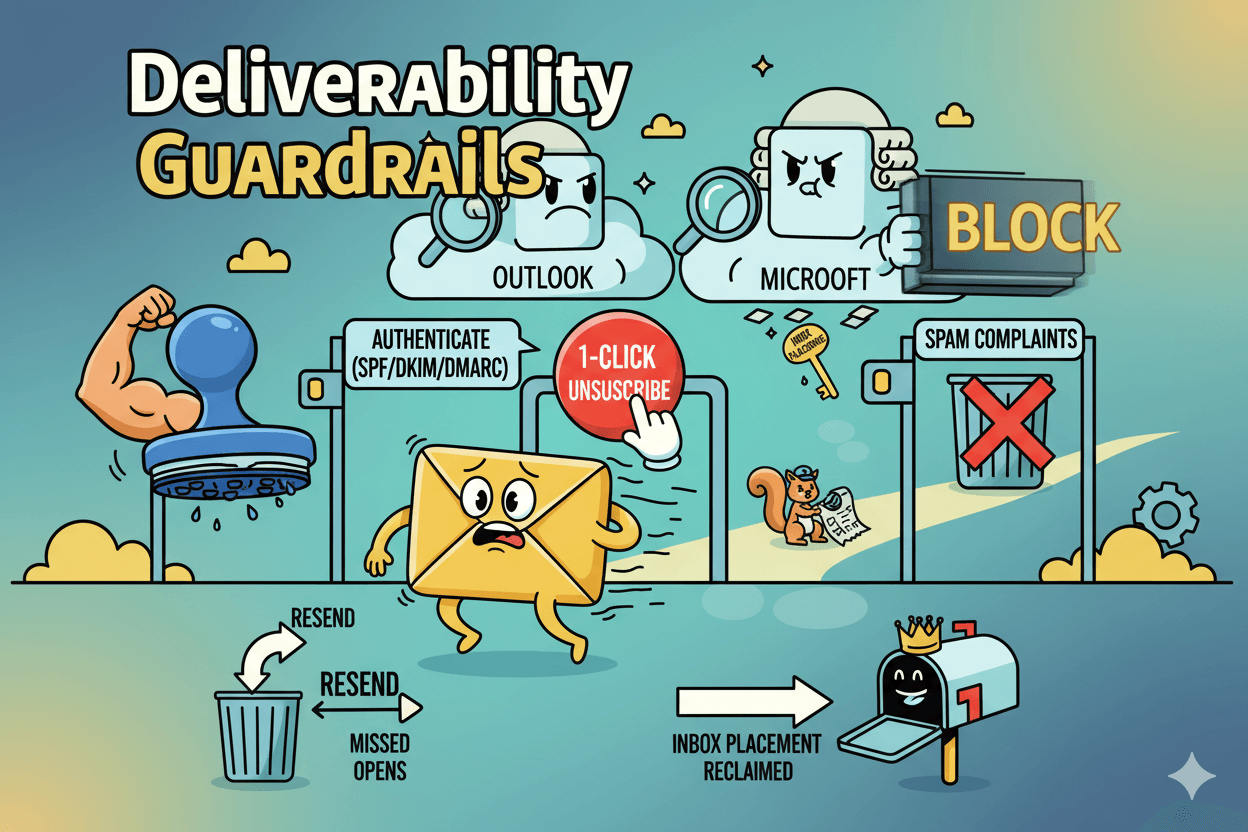 A humorous flowchart showing the essential deliverability guardrails for emails to avoid being blocked by Outlook and Microsoft