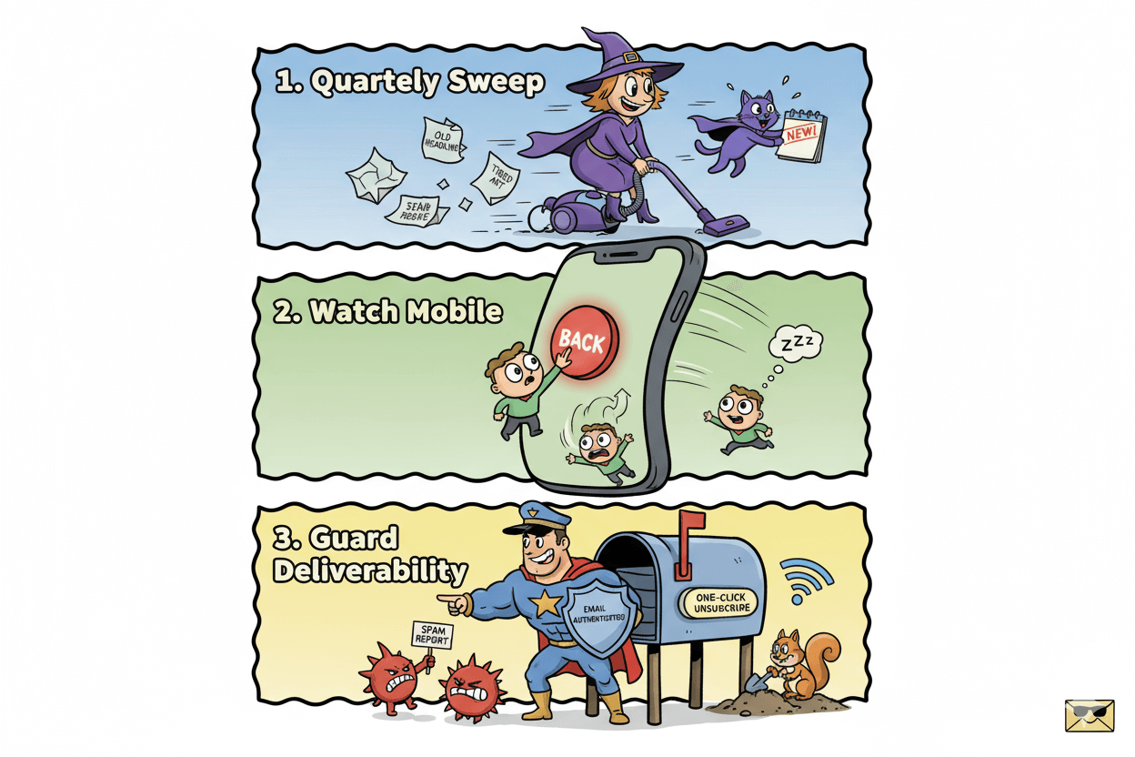 Three panels illustrate how to refresh email capture: regular sweeps, monitoring mobile, and maintaining deliverability.
