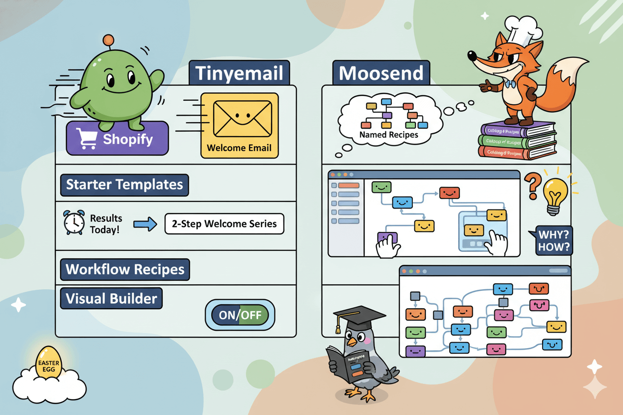Playful split comparison table illustrates beginner-friendly workflows, contrasting Tinyemail's Shopify templates with Moosend's visual automation recipes.