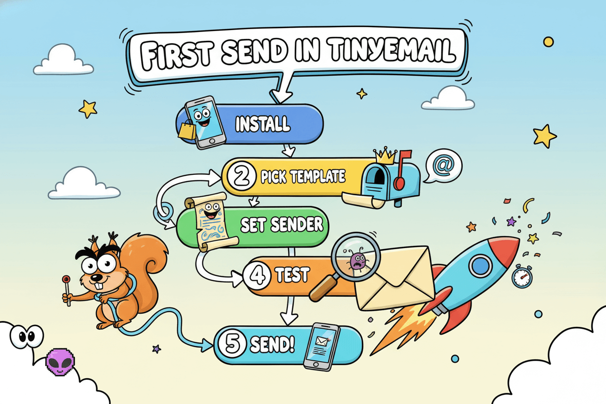 A whimsical five-step checklist shows the process for a first send in Tinyemail, guiding users through the workflow.