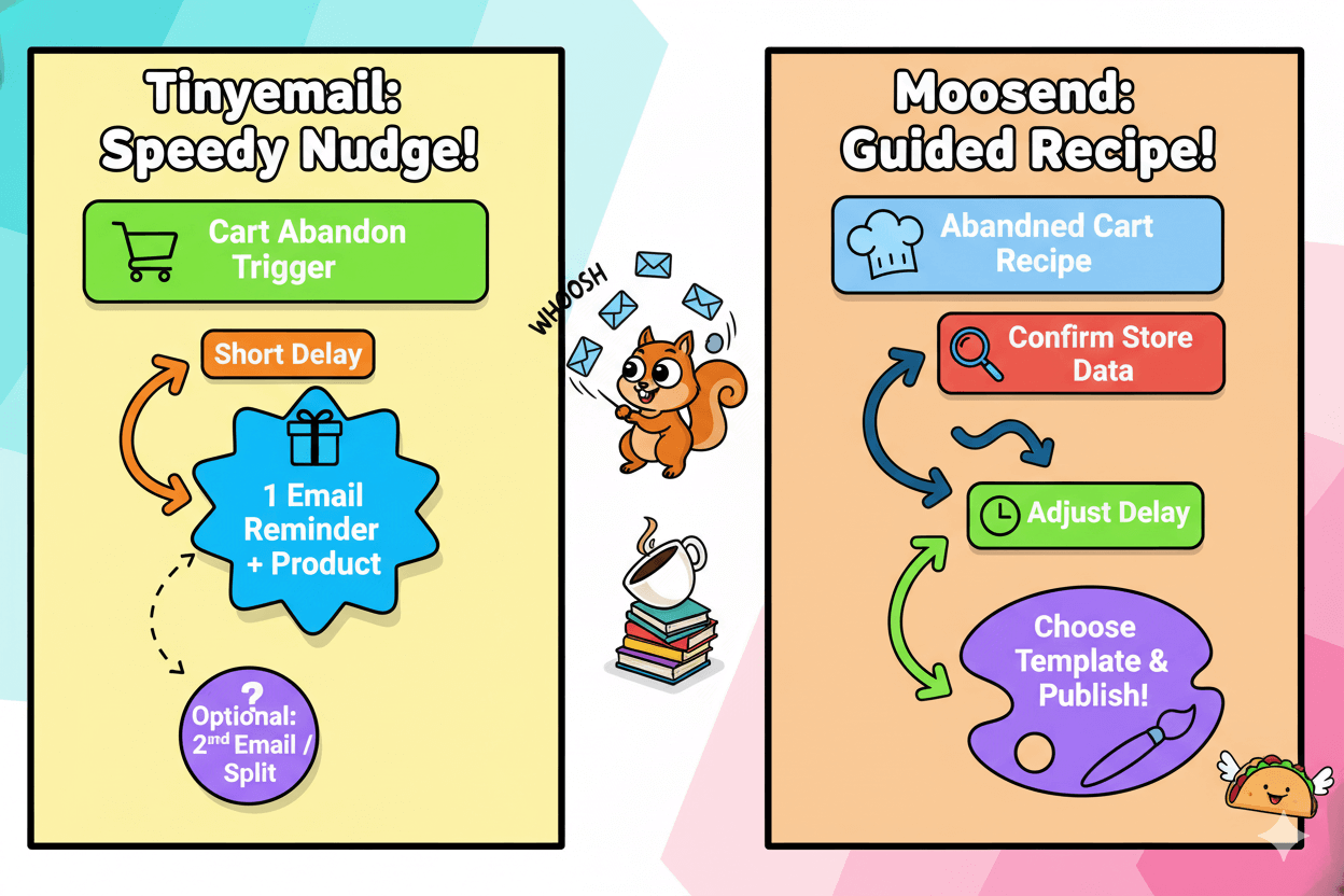 Two playful flowcharts side-by-side show the setup for abandoned cart recovery, highlighting Tinyemail's speed and Moosend's guided recipe.