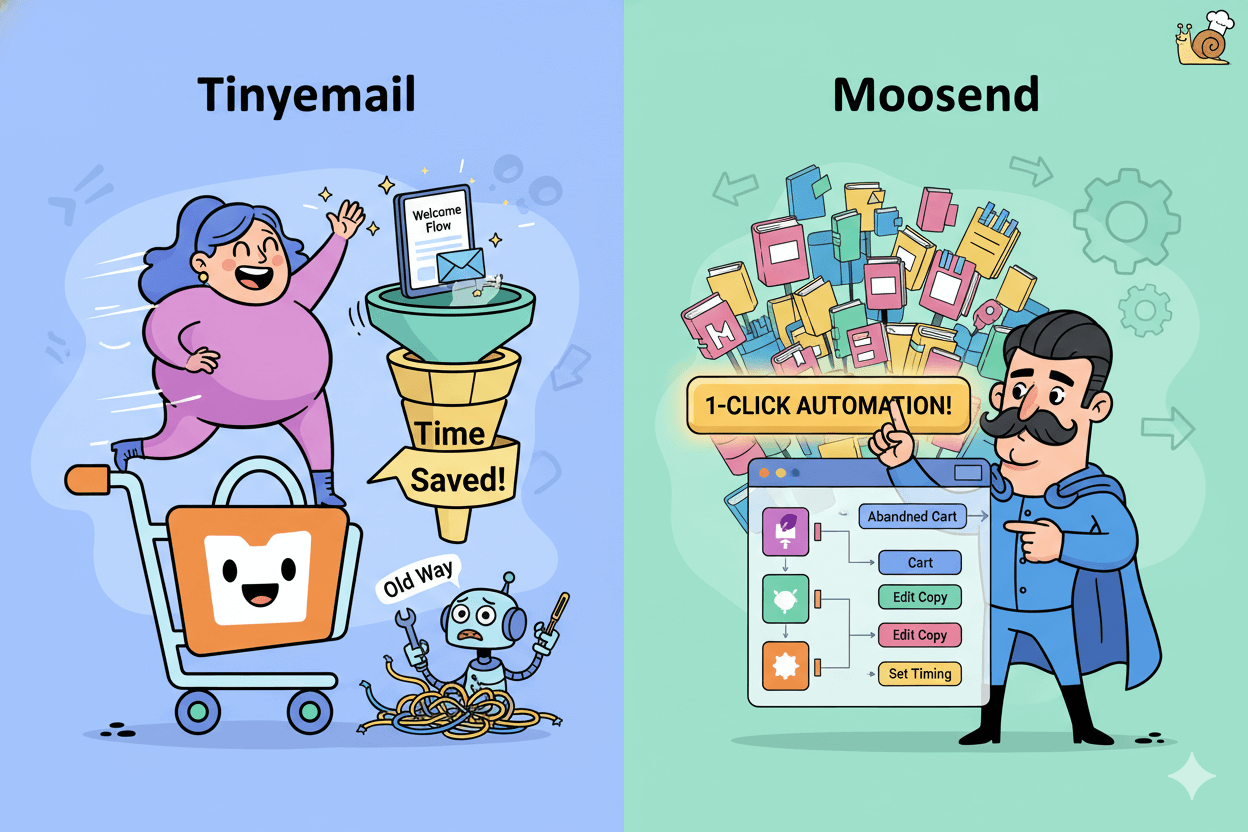 A split comparison visually explains how Tinyemail and Moosend offer different automation starters to save setup time.