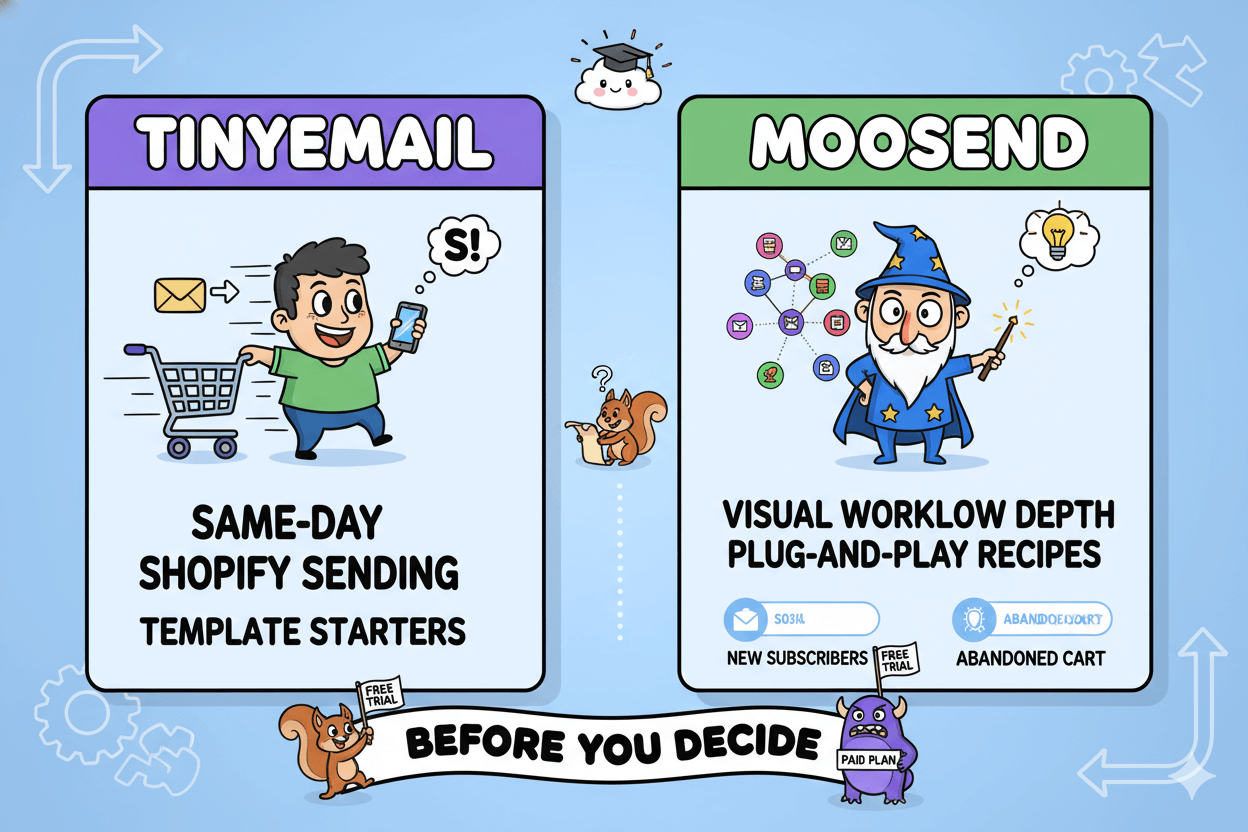 Playful decision matrix comparing Tinyemail for Shopify sending with template starters and Moosend for visual workflow depth and plug-and-play recipes.