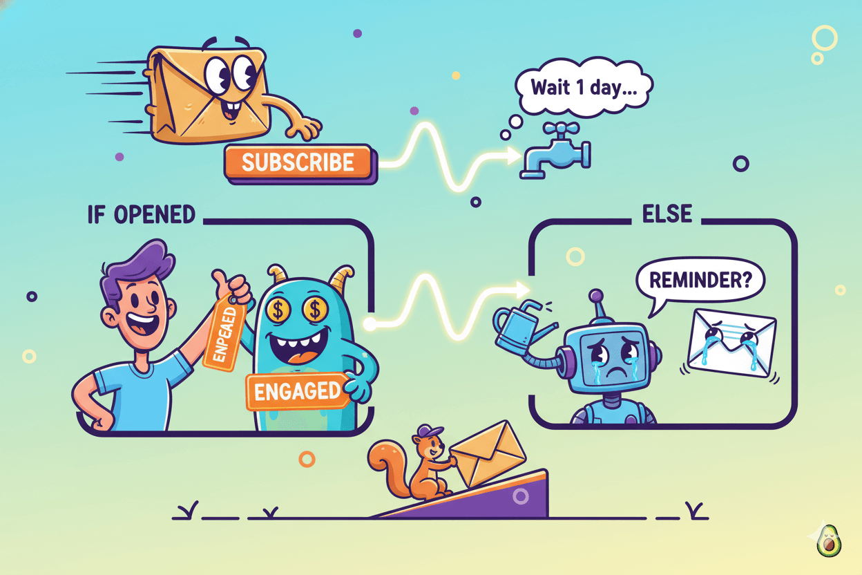 Playful illustration demonstrating email marketing automation using a triage flow, showing paths for opened and unopened emails with Moosend.