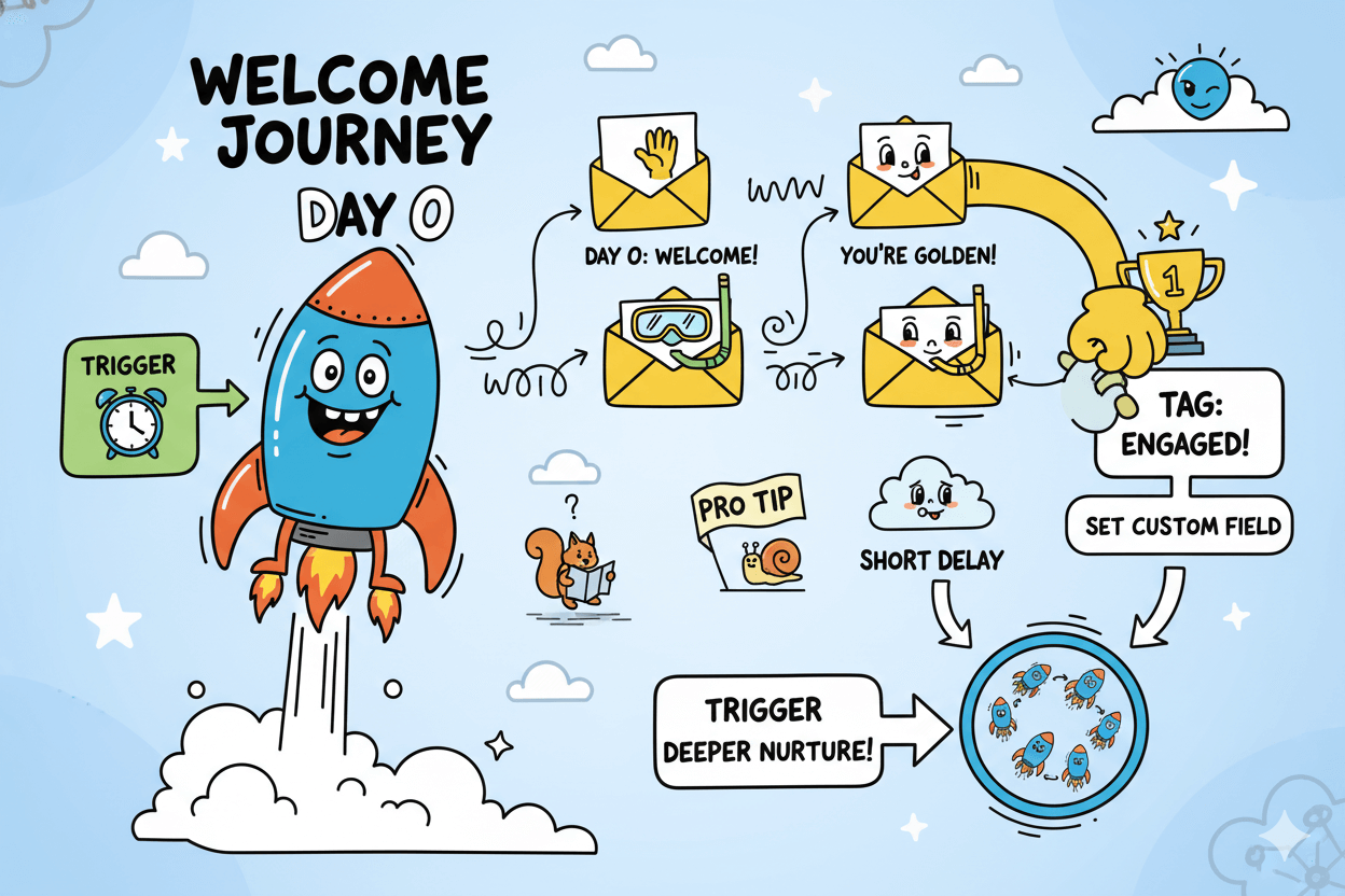 A playful flowchart illustrating a welcome email journey with a trigger, multiple emails, tagging, and a "pro tip" for deeper nurture.