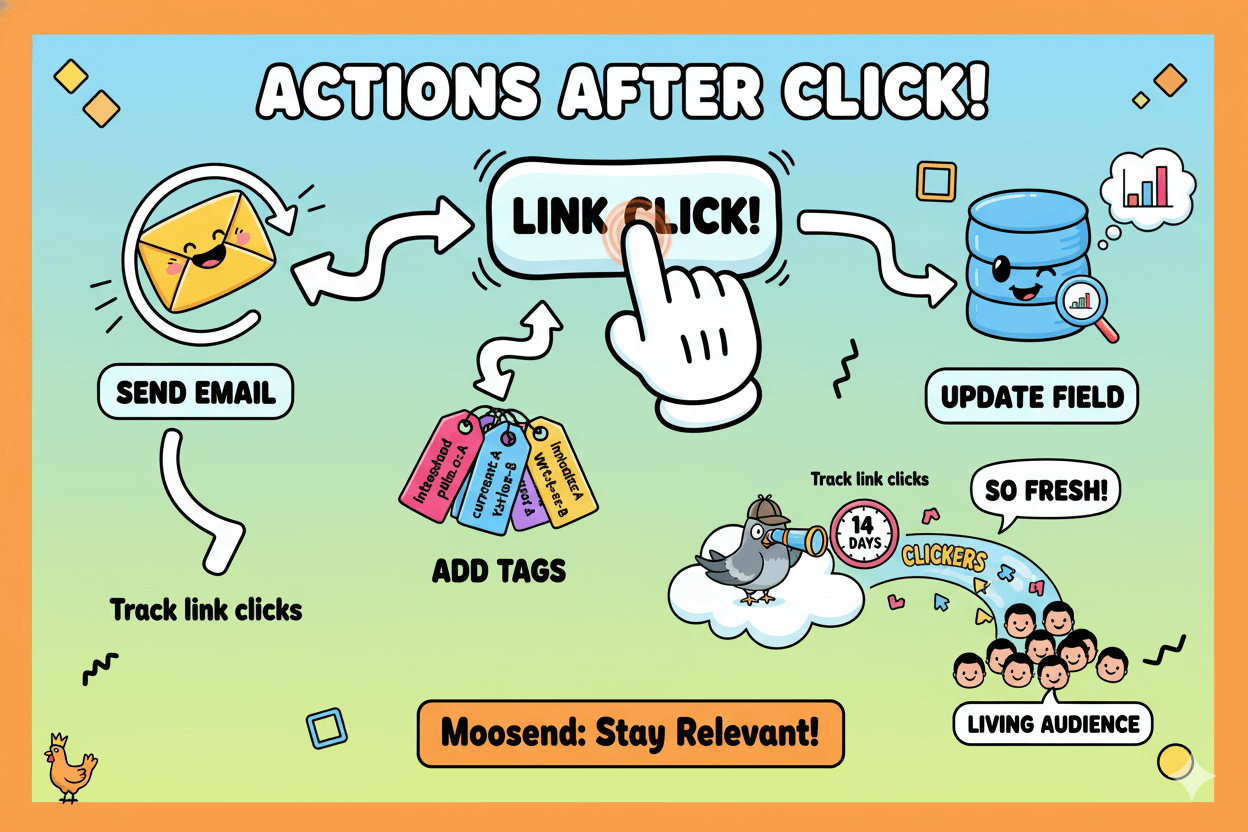 A playful flowchart shows the actions after a link click in Moosend: sending emails, adding tags, or updating fields.