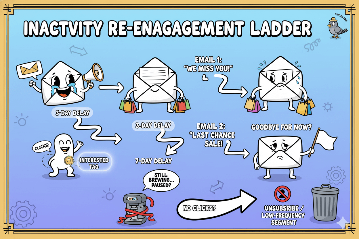 A playful illustration of an inactivity re-engagement ladder, showing email sequences, delays, and paths to tag or unsubscribe non-responders.