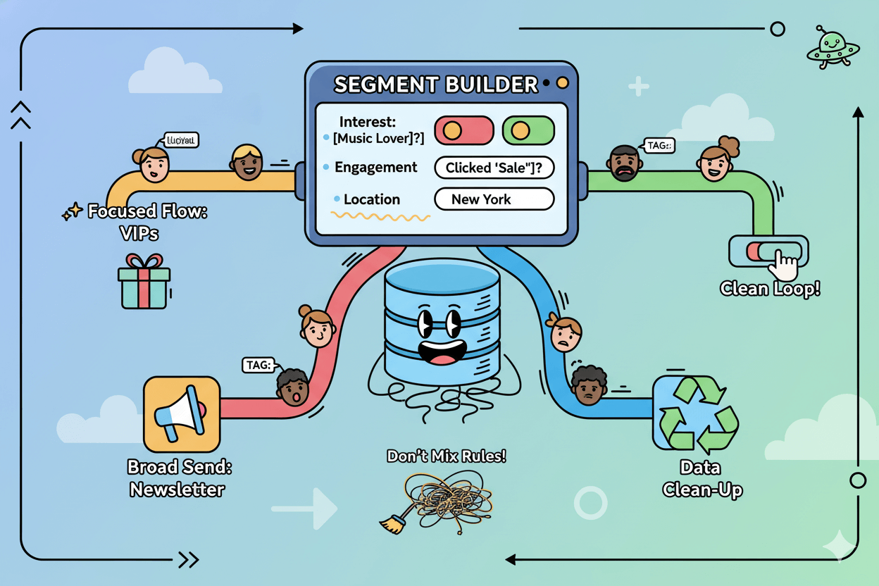 A playful flowchart showing how to route email list segments into different customer journeys and automations using a segment builder.