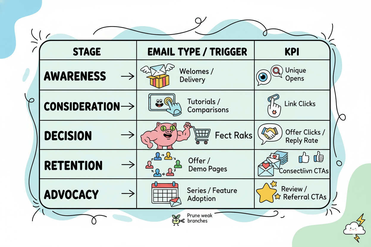 Playful matrix showing five stages with suggested email types, Moosend trigger categories, and one KPI each for monitoring as you scale.