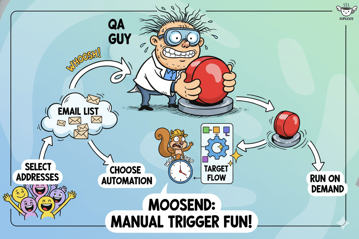 A playful flowchart shows a QA guy manually triggering email automations from a list to test and run them on demand.
