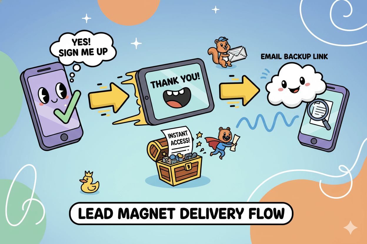 A humorous flowchart shows a mobile phone signup, leading to a thank-you page with instant access, then an email backup link.