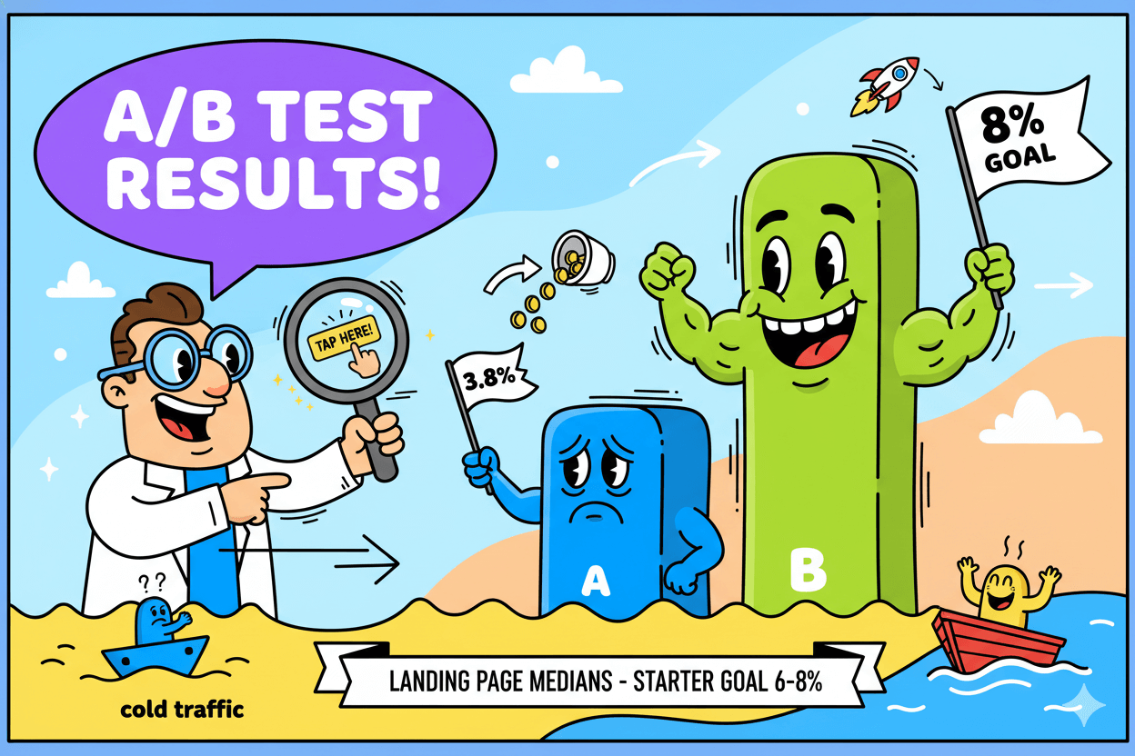 Cartoon scientist analyzing A/B test results showing a successful "B" variant reaching an 8% goal, while "A" struggles at 3.8% conversion.