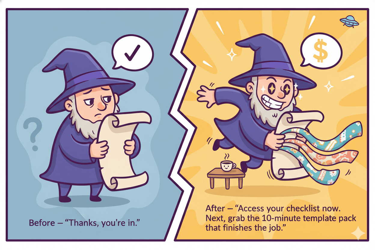 Cartoon wizard on a split comparison chart, showing a "before" of a basic thank you and an "after" with an offer that pairs with a magnet