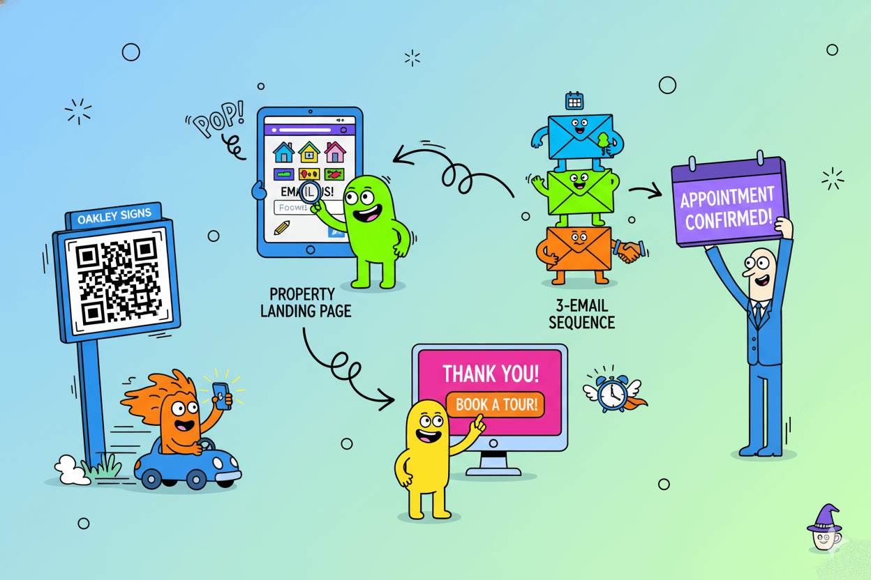 A humorous cartoon flowchart illustrates four steps: a yard sign with a QR code, a property landing page, an email sequence, and a confirmed appointment, showing the journey from sign to inbox.