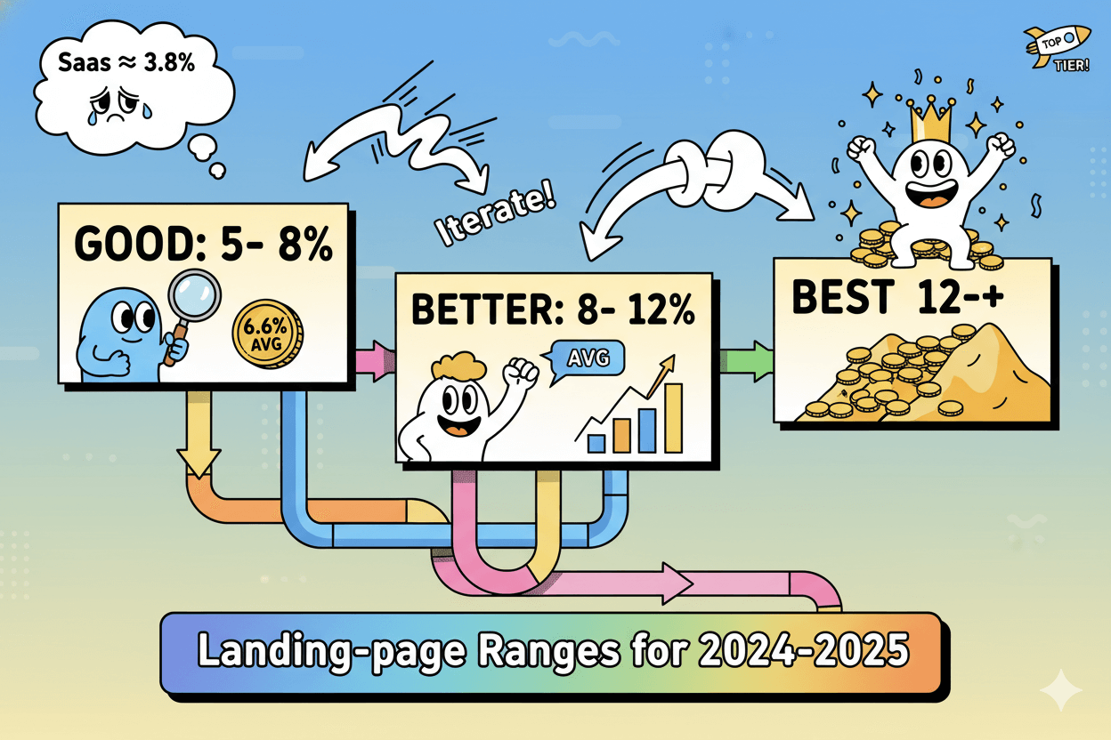 Cartoon flowchart shows "Good," "Better," and "Best" landing page conversion ranges for 2024-2025, with a sad SaaS example.