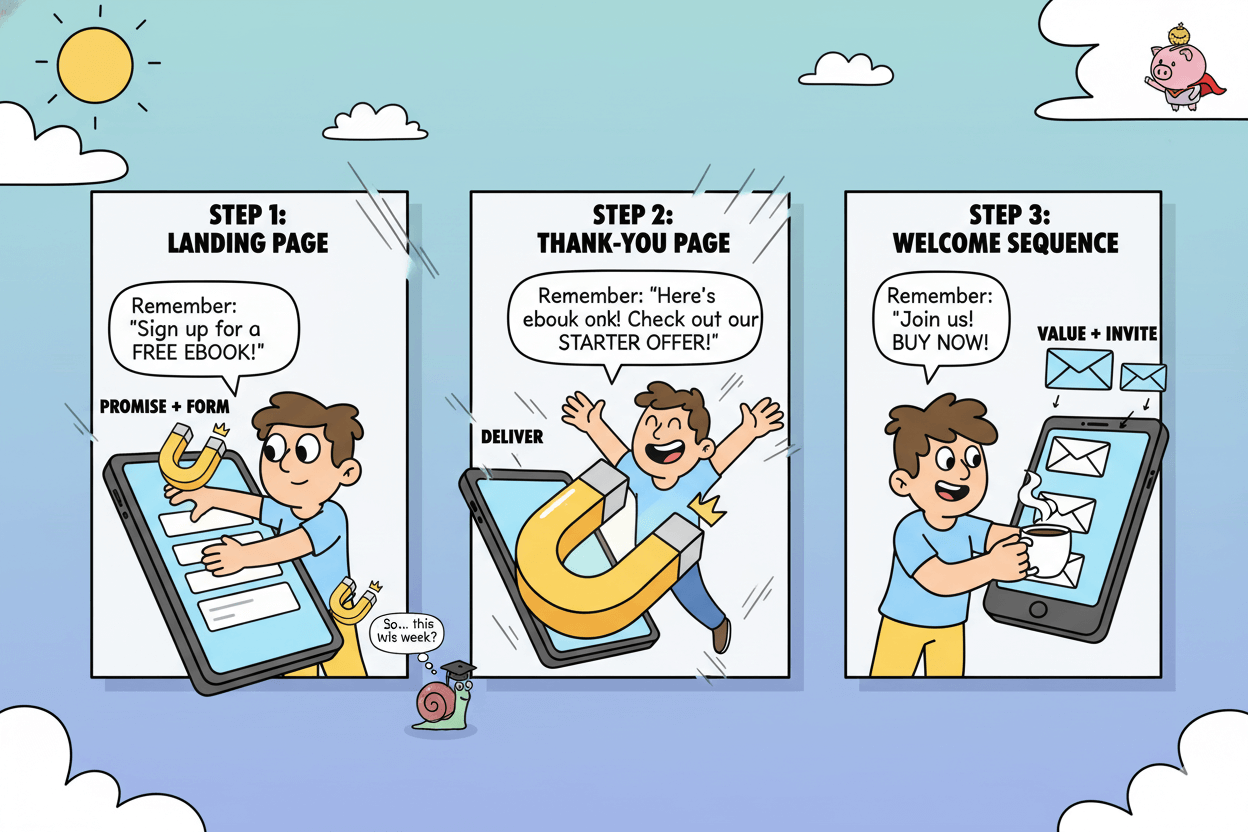 Cartoon characters demonstrate a 3-step funnel for beginners: landing page, thank-you page, and welcome sequence.