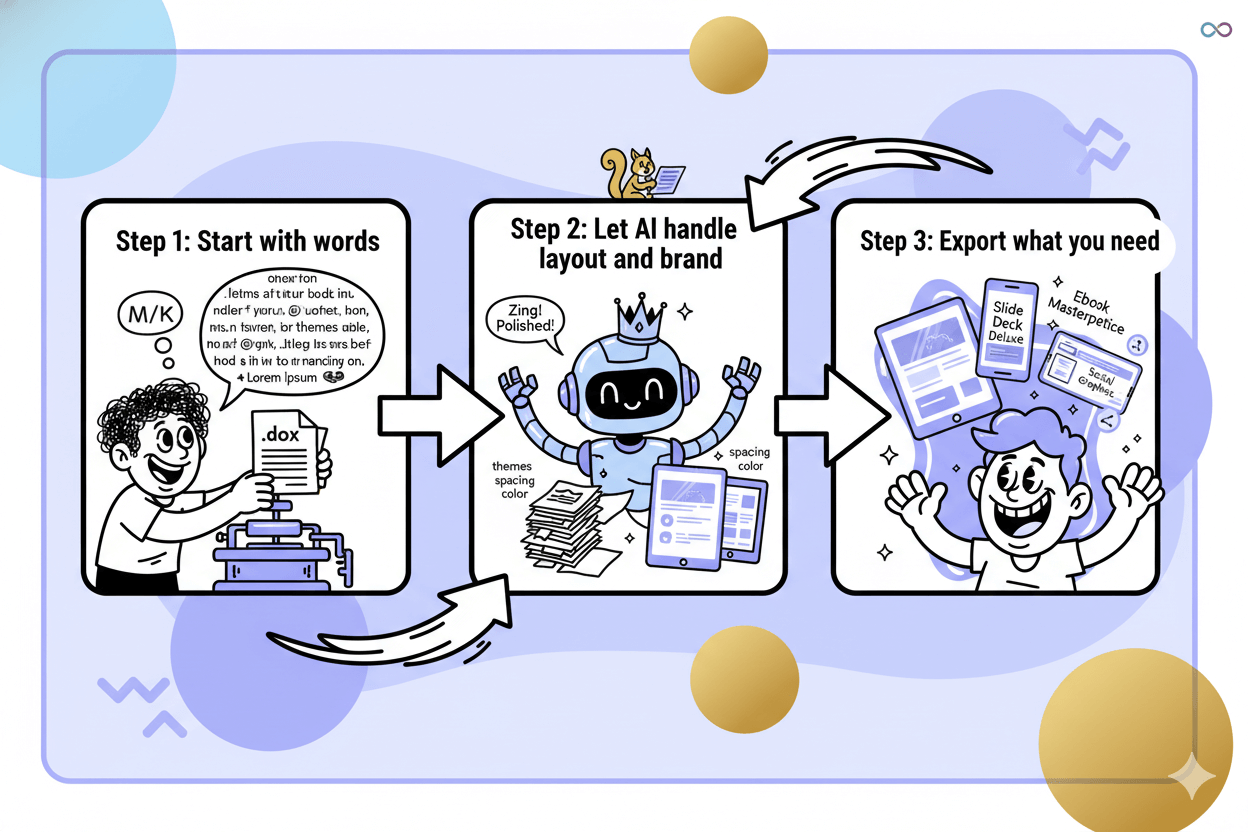 A cartoon flowchart shows a character typing, an AI robot designing, and another character exporting various formats in a 3-step loop.