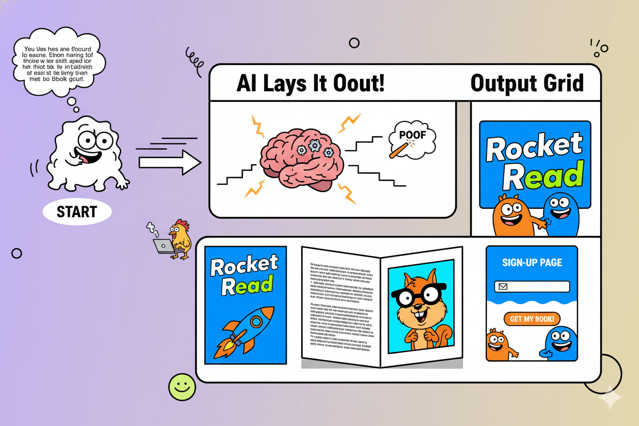 A whimsical flowchart illustrates how AI helps create eBooks and lead magnets from text to a polished output grid of branded materials.