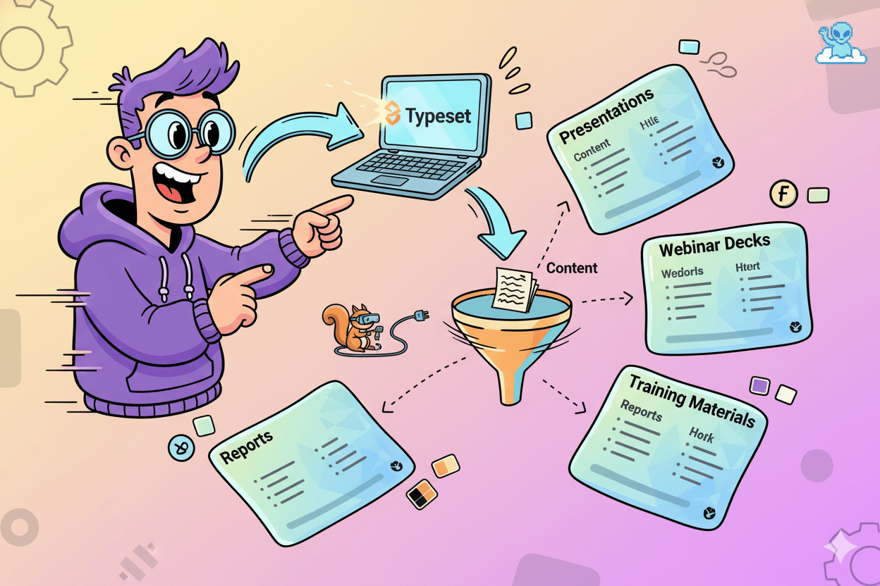 A cartoon character points to a laptop, demonstrating how Typeset transforms content into various branded slide formats like presentations and webinar decks.