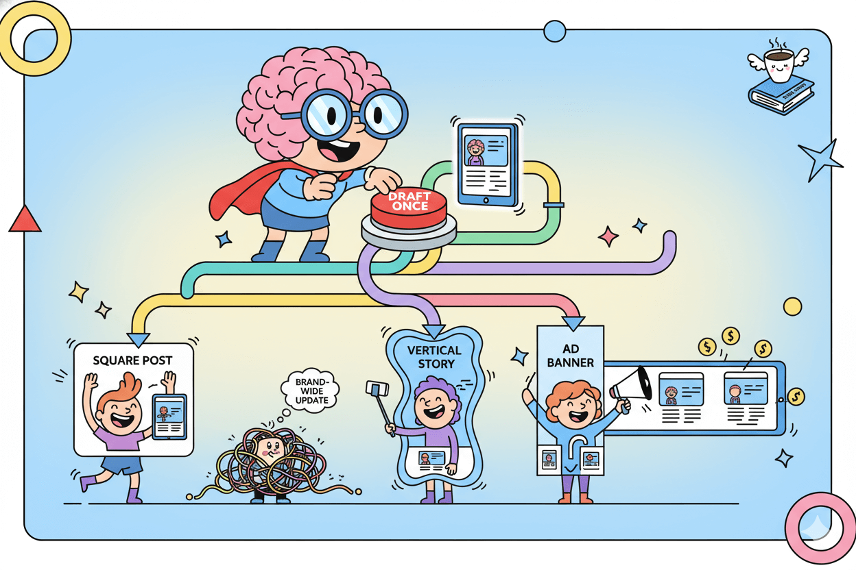 A cartoon brain-character pushes a "draft once" button, demonstrating a flowchart that generates multiple social media outputs.