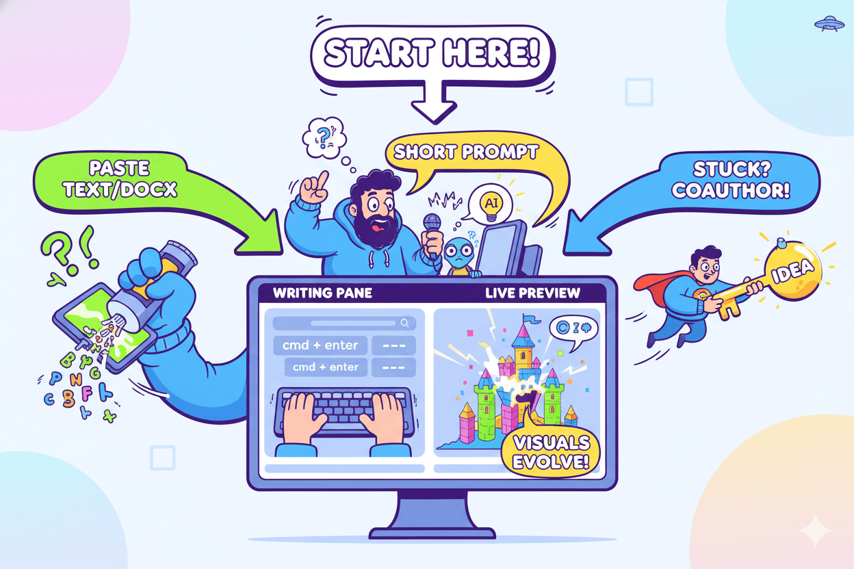 A humorous flowchart illustrates starting a project: paste text, use a short prompt, or get help from CoAuthor to guide content creation.