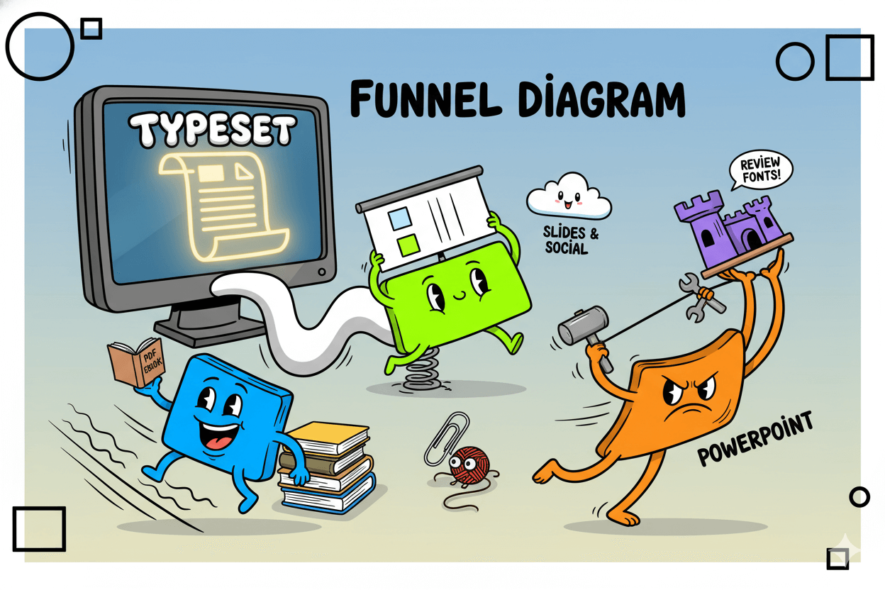 A playful funnel diagram shows content flowing from Typeset to an ebook, slides, social posts, and PowerPoint, illustrating export options.