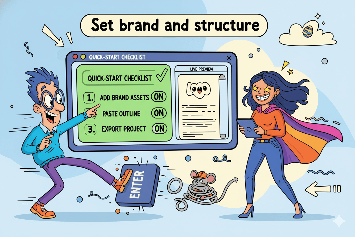 A cartoon man presses a giant "Enter" key while a smiling woman views a "Quick-start checklist" with branding and outline steps.